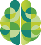 Geometric overhead view of a brain in shades of green, illustrating left and right hemispheres of applied neuroscience.