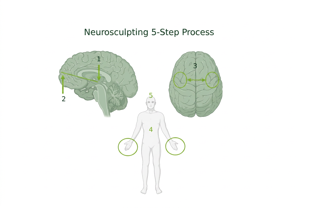 Neurosculpting 5-Step Process diagram showing brain regions, bilateral stimulation and somatic anchoring.
